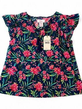 Stella Parker Pink Platinum Navy Floral Flutter Sleeve Top with Pink Flowers